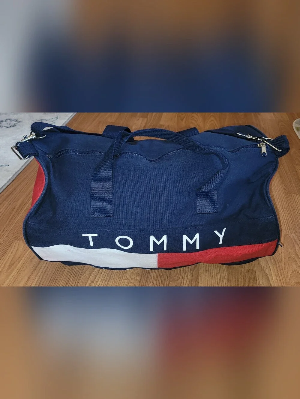 Vintage 90s Tommy Hilfiger Canvas Duffle Bag-Navy Blue/Red/White-Excel Condition